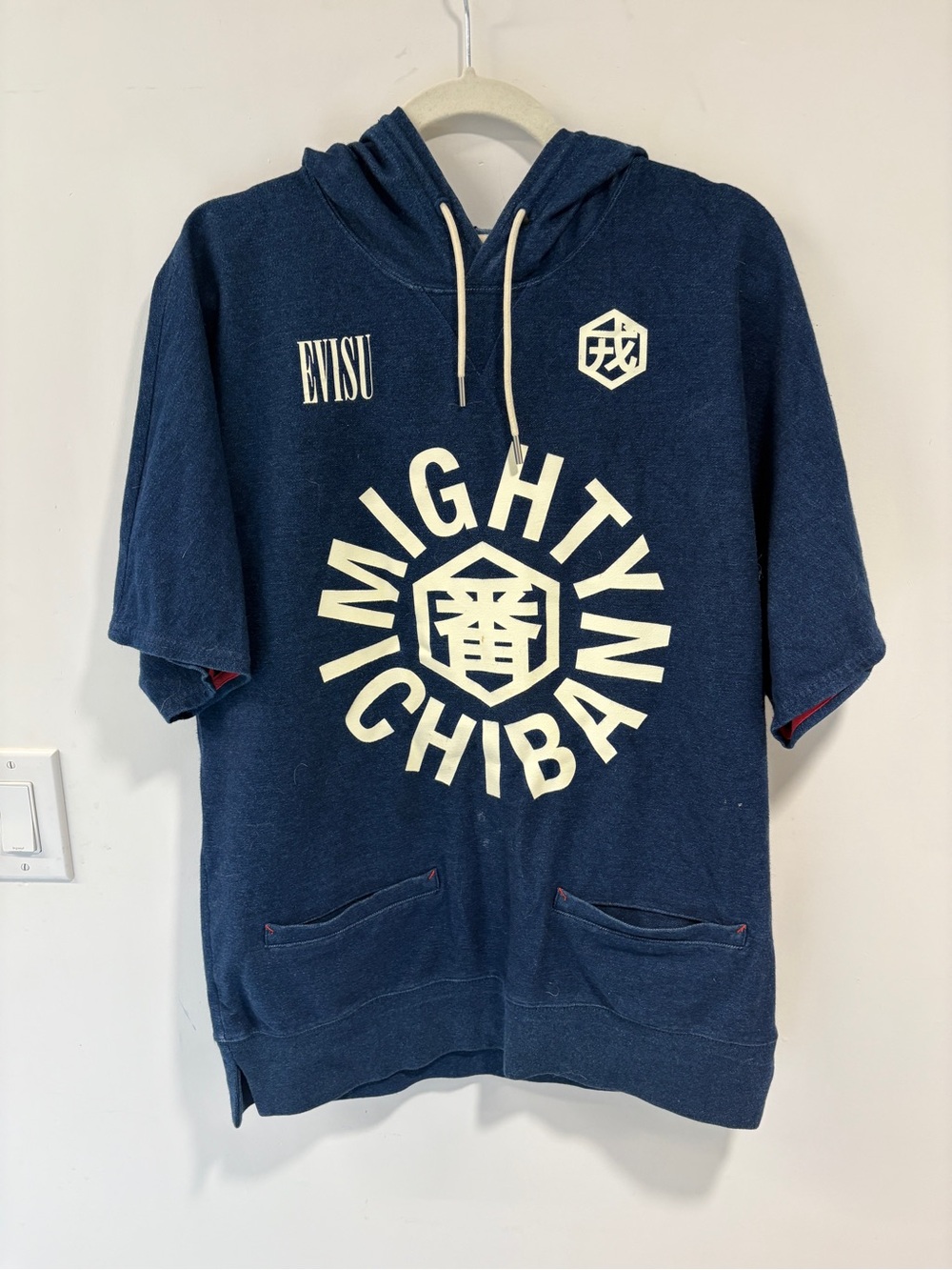 Evisu Navy Short Sleeve Hoodie with Cream 'Mighty Ichiban' Graphic